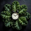 © Vadym - Black alarm clock lies on green kale leaves. Fresh curly cabbage arranged in flower shape on dark stone background. Concept of healthy eating time, nutrition schedule, organic food diet, meal