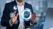 © CuteBee - Business analyst holding glowing financial chart and data analysis icons in virtual interface representing investment growth and financial management technology concept