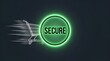 © Abdur - Wireframe shopping cart moving toward a glowing green circular button with the text secure, dark background, digital commerce concept
