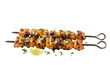© anna - Grilled chicken skewers seasoned with fresh herbs and lemon wedges are isolated on a transparent background for restaurant menu design.