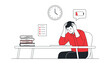 © MD SHAHAJALAL - Exhausted stressed man sitting at office desk holding head with low battery indicator icon