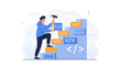 © Helga - Programmer building a coding career ladder with hammer and code blocks, representing progress and development in technology.