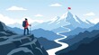 © MasumaAkther - A hiker with a backpack stands on a mountain cliff looking at a winding path towards a snowy peak