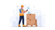 © Mahesa - Warehouse worker uses smartphone and laptop for inventory management, logistics, and supply chain tracking.