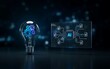 © Karla - Glowing glass lightbulb enclosing blue gears beside futuristic artificial intelligence chip interface