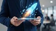 © Mahin Creatives-HQ - Professional man holding tablet with glowing rocket hologram indicating business acceleration and digital transformation success