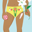 © Annemarie Gorissen - Female health. A woman is shown in underwear with florals and fruit representing her reproductive organs. Healthy uterus.