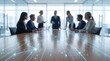 © CuteBee - Professional business team in modern boardroom meeting overlooking glowing digital data flow visualization on wooden table representing financial insights and strategic planning