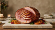 ©  AH Creation - A delicious spiral sliced holiday ham served on a rustic wooden board for a festive dinner celebration