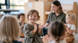© AnastasiiaRozhmanova - A preschool music session with a teacher playing a keyboard while children clap along seated in a semicircle, rhythm and beat recognition group activity, early childhood music