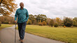 © Vyatcheslav - Mature Black man walking with a cane on a path in an autumn park. Active senior enjoying an outdoor stroll