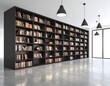 © CreativeCreations - Massive floor-to-ceiling dark charcoal bookshelves filled with books in a modern minimalist interior, ideal for architecture and corporate library marketing concepts.