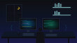 © Elevate Gallery - Computer monitors showing complex programming code in dark midnight office setting