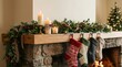 © Raihan Stock - Cozy Christmas fireplace decorated with stockings candles and greenery