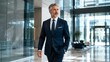 © Formoney - Confident man walks through modern glass lobby. Sharp suit, tie, and pocket square complete his professional look. His calm expression conveys authority and poise