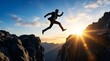© LA Stock Vision - Extreme challenge and corporate risk illustrated by a businessman silhouette jumping between mountain cliffs during a bright sunrise.