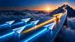 © Add Win - Golden paper airplane leading a team on a path to a mountain summit with a flag, symbolizing business leadership, success, and goal achievement at sunrise.