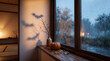 © super user - 雨の夕暮れの窓辺に映るコウモリの影とカボチャのハロウィン風景