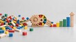 © MAMA Studio - Wooden gear mechanism converting scattered colorful blocks into an ascending bar chart illustrating systematic data organization and structured business growth