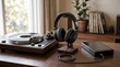 © Cahya - Black audiophile headphones resting on wooden stand between vintage turntable and digital audio player, depicting high-fidelity music setup