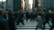 © Pro Hi-Res - Blurred crowd of people walking across a city crosswalk at sunset