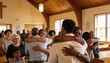 © Future Vision - Embracing pair of adult men wearing semi-formal clothing in small church nave, wooden cross