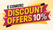 © Creative Assets Hub  - A promotional banner with the text e commerce discount offers 10 percent in bold yellow letters on a red ribbon shape, set against a light cream-colored background, with subtle geometric patterns
