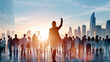 © Nataliya - Diverse professionals celebrating successful business results on a rooftop at sunset, modern city skyline, leadership, corporate growth, networking, achievement, aspirational