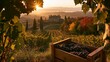 © Joyce - a serene vineyard scene. A wooden crate filled with dark grapes sits in the foreground, surrounded by lush green grapevines. The vineyard is bathed in the warm glow of the setting sun.