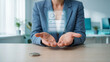 © NK - Loan application and credit approval concept, businesswoman open hands with virtual form checklist, coin and search icon at office desk for banking service, finance decision and insurance