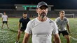 © mihrzn - A focused coach stands on a lit football field at night, surrounded by players ready for training under stadium lights.