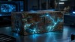 © AstraFrameStudio.com - Mysterious Wooden Chest with Glowing Energy: An ancient, ornate wooden chest crackles with vibrant blue energy, suggesting a hidden power or mystery within. It sits on a table in a dimly lit room.