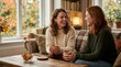 © Rasyid - Two joyful female friends share a warm conversation while holding mugs of hot tea inside a comfortable living room space filled with natural sunlight and seasonal autumn foliage view near