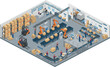 © LALBANUBEGUM - Smart factory production line layout showing workers forklifts mechanical robot arms handling packages and storage racks vector concept background