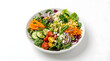 © MDRobiul - Fresh colorful vegetable salad with avocado cucumber tomato and feta cheese served in a white ceramic bowl transparent background