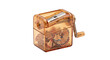 © Ophelia - Transparent orange pencil sharpener with crank and shavings inside on white background