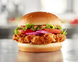 © Delicious Pixels - Mouthwatering crispy fried chicken sandwich featuring crunchy lettuce, ripe tomatoes, red onions, special sauce atop golden toasted sesame bun, professional fast food burger studio photography.