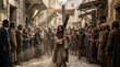 © Xenia - Jesus carrying the heavy wooden cross through a crowded Jerusalem street. Roman soldiers and spectators watching Via Dolorosa journey. Good Friday concept