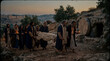 © Xenia - Followers carrying the linen wrapped body of Jesus toward a stone tomb at twilight. Biblical burial of Jesus Christ scene