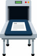 © Nirjona - Vector illustration of an automated office inspection scanner machine with a blue conveyor bed transporting a printed text document paper under a dark hood against a white background