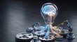 © Odien_NaBa - Artificial Intelligence Brain in Light Bulb with Robotic Arms and Gears