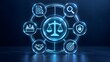 © Hamzah - Glowing scale of justice hub connecting transparent business compliance and legal audit interface icons