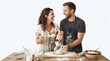© Guilherme - Happy couple wearing aprons laughing while kneading dough in kitchen