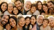 © Ricky - Collage of close-up faces of a happy multigenerational family, young and old members hugging and smiling directly at camera, warm smiles and togetherness
