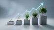 © humed - Business growth and investment success concept featuring young green plants growing in concrete planters with an upward trending glowing blue arrow graph on a minimalist background.
