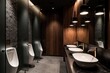 © miss irine - Modern restroom with sleek urinals and minimalist sinks. Walnut paneling and stone accents create a luxurious, sophisticated atmosphere inside this clean, upscale public facility.