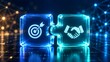 © mcjanuald - Strategic digital partnership concept featuring glowing puzzle pieces connecting a business target and handshake icon in futuristic cyberspace