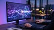 © Delilah - Person working at computer desk with abstract data visualization on curved monitor screen, cyber security and big data processing concept in modern home office environment during night time