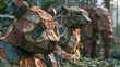 © zhou yan - Rust-patinated recycled metal sculptures of endangered animals stand among lush foliage at a nature reserve, illuminated by warm sunlight for environmental conservation campaigns and NGO branding.