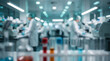 © Vector S J - Blurred science research laboratory interior featuring chemical test tubes and specialists.